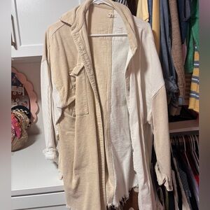 Neutral Two-Tone Corduroy Shacket Jacket - Beige/White